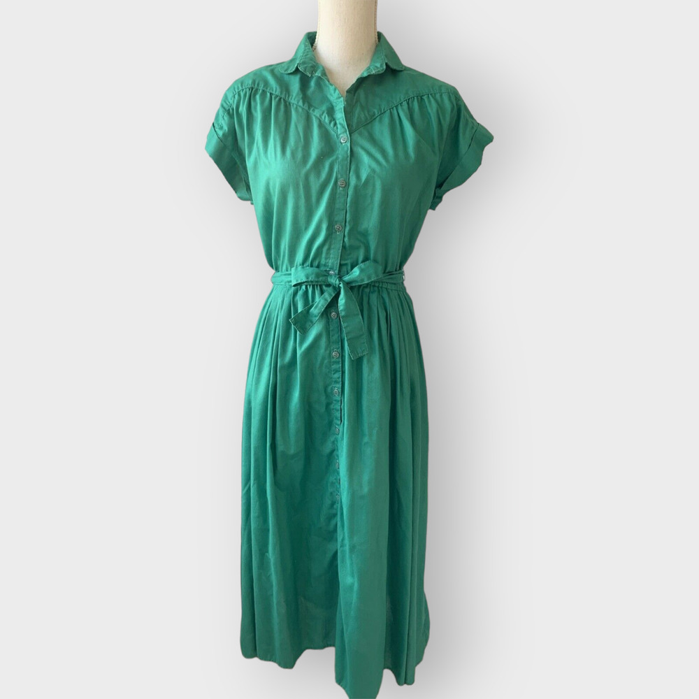 Vintage Foxy Lady Dress 1970s Shirt Dress Green Short Sleeve Size 13/14 Large L